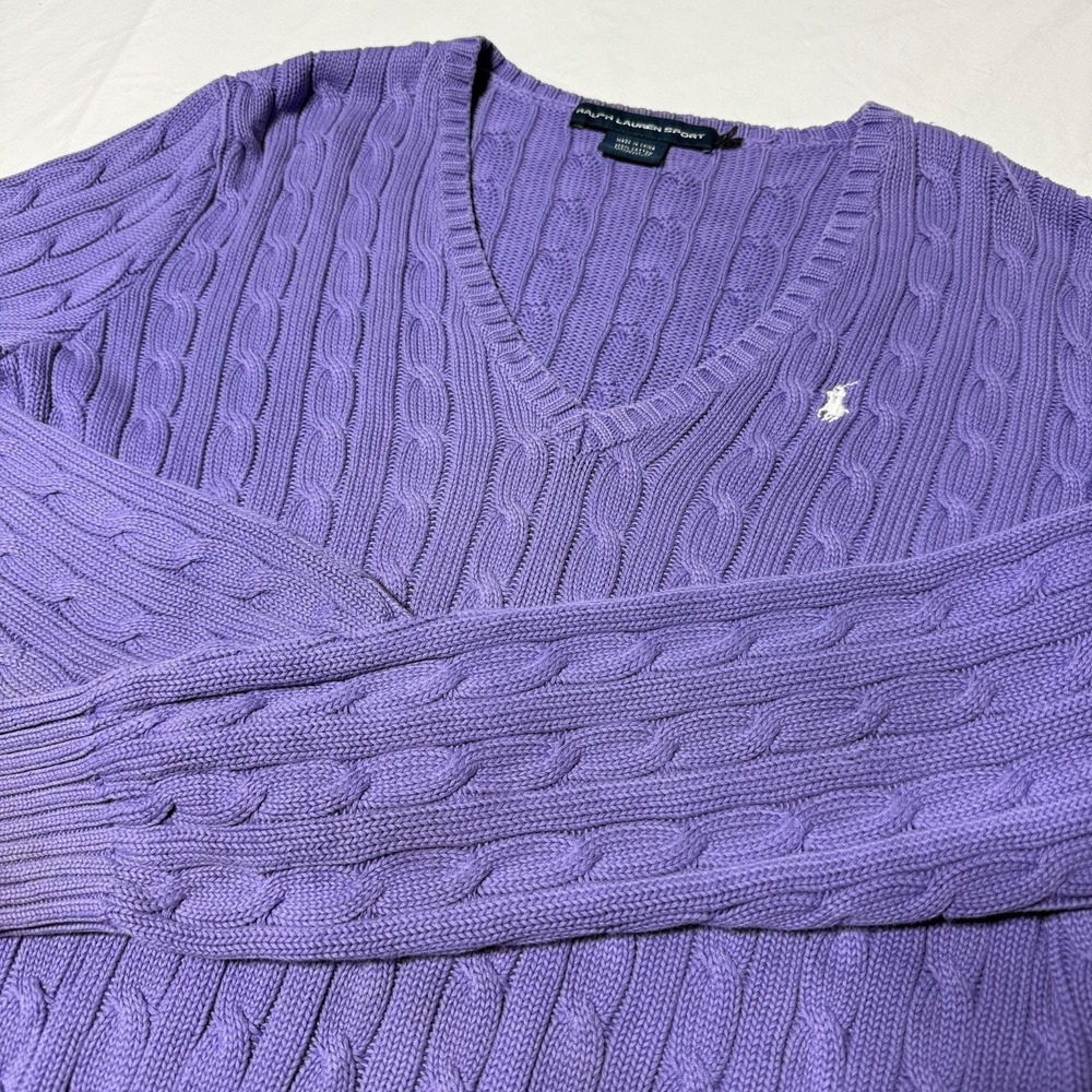 Ralph Lauren Sport Cable Knit Lavender Cotton V-Neck Sweater Women's Size XL